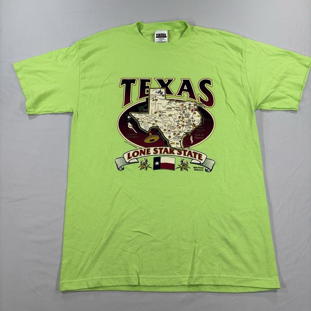 Vtg Texas Size L Lone Star State Graphic T-Shirt Vacation Souvenir Neon Green